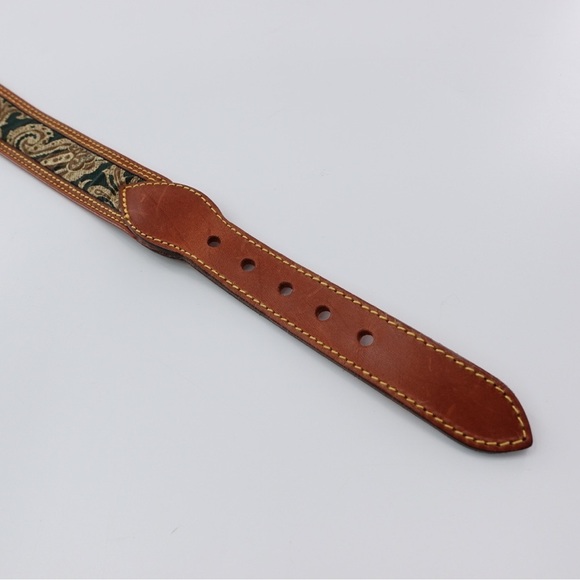 Leather Belt w/ Paisley Print Ribbon Overlay Green Tan Contrast Stitch Sz 85 cm - Picture 4 of 11